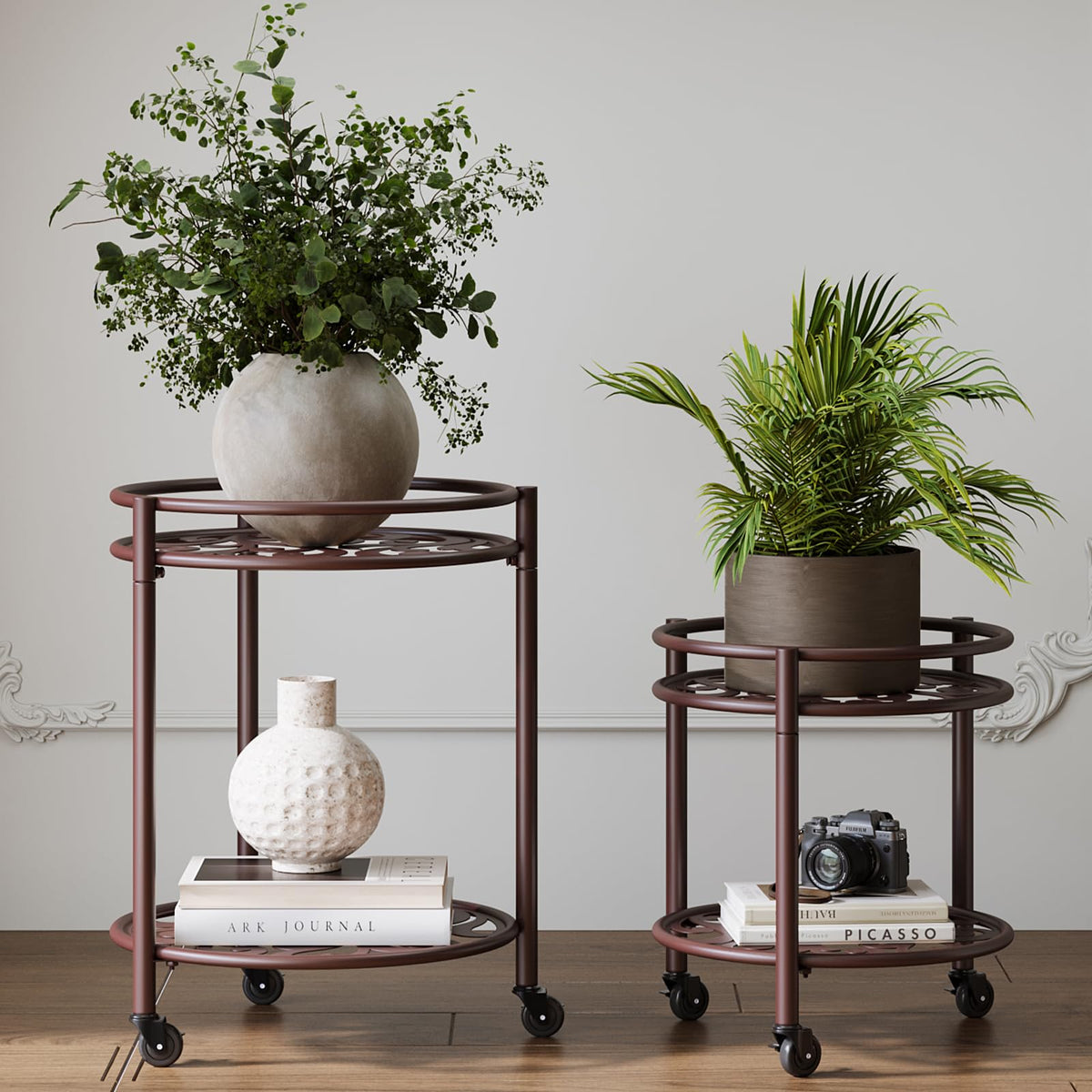 Rioneta rolling plant stand with wheels front view for easy movement of heavy pots.