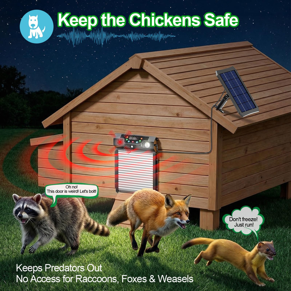 Ripom anti-pinch safety mechanism stops and reverses on obstructions to protect birds.