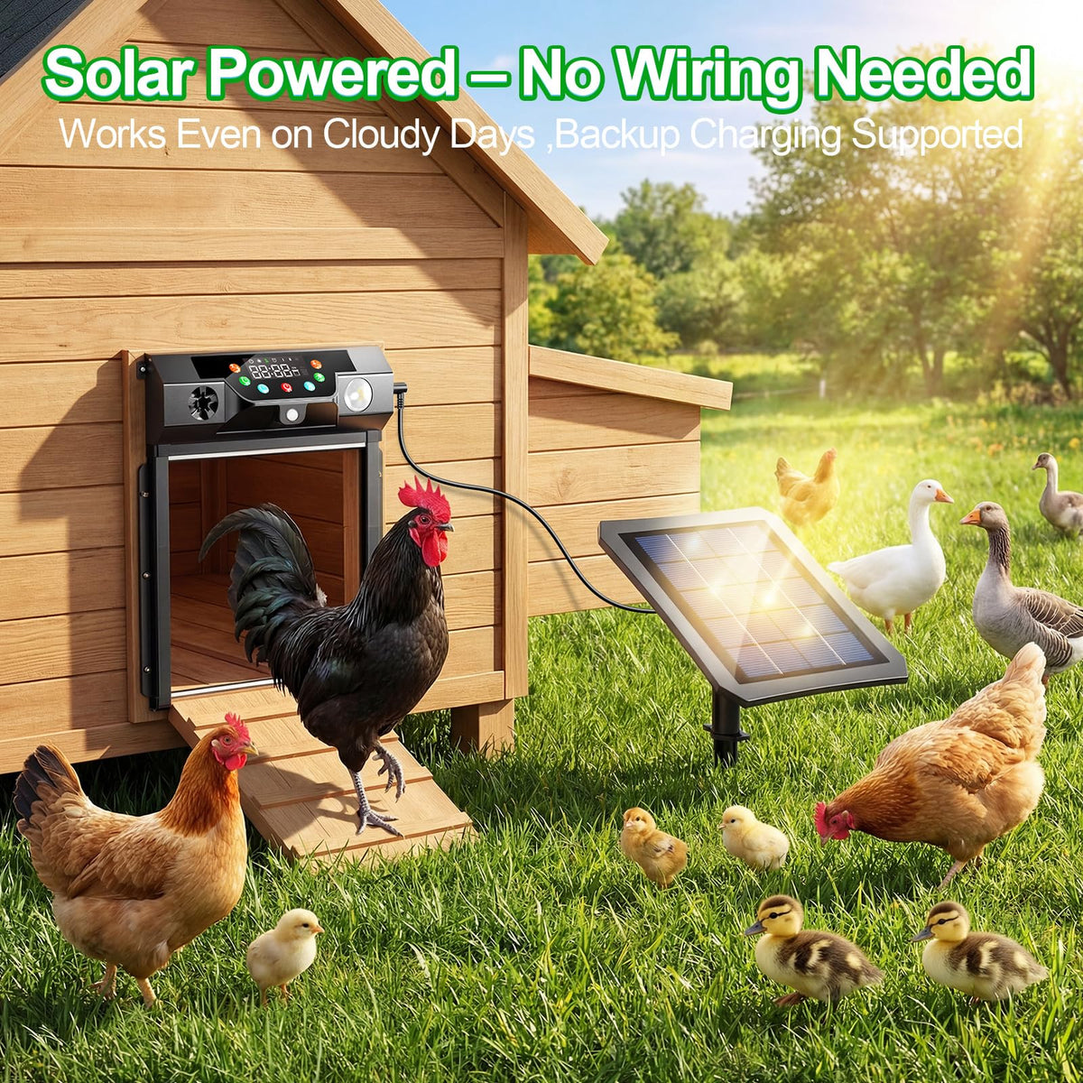 Ripom roll-up chicken door allows operation in tight coops without headroom.