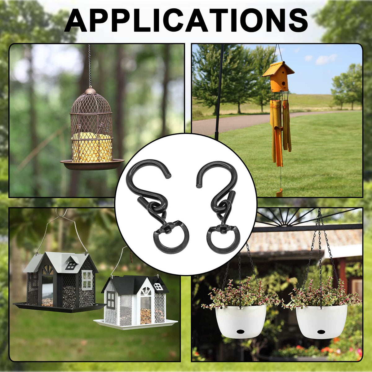 Rierdge multi-use hook supports lights, wind chimes, baskets, and feeders.