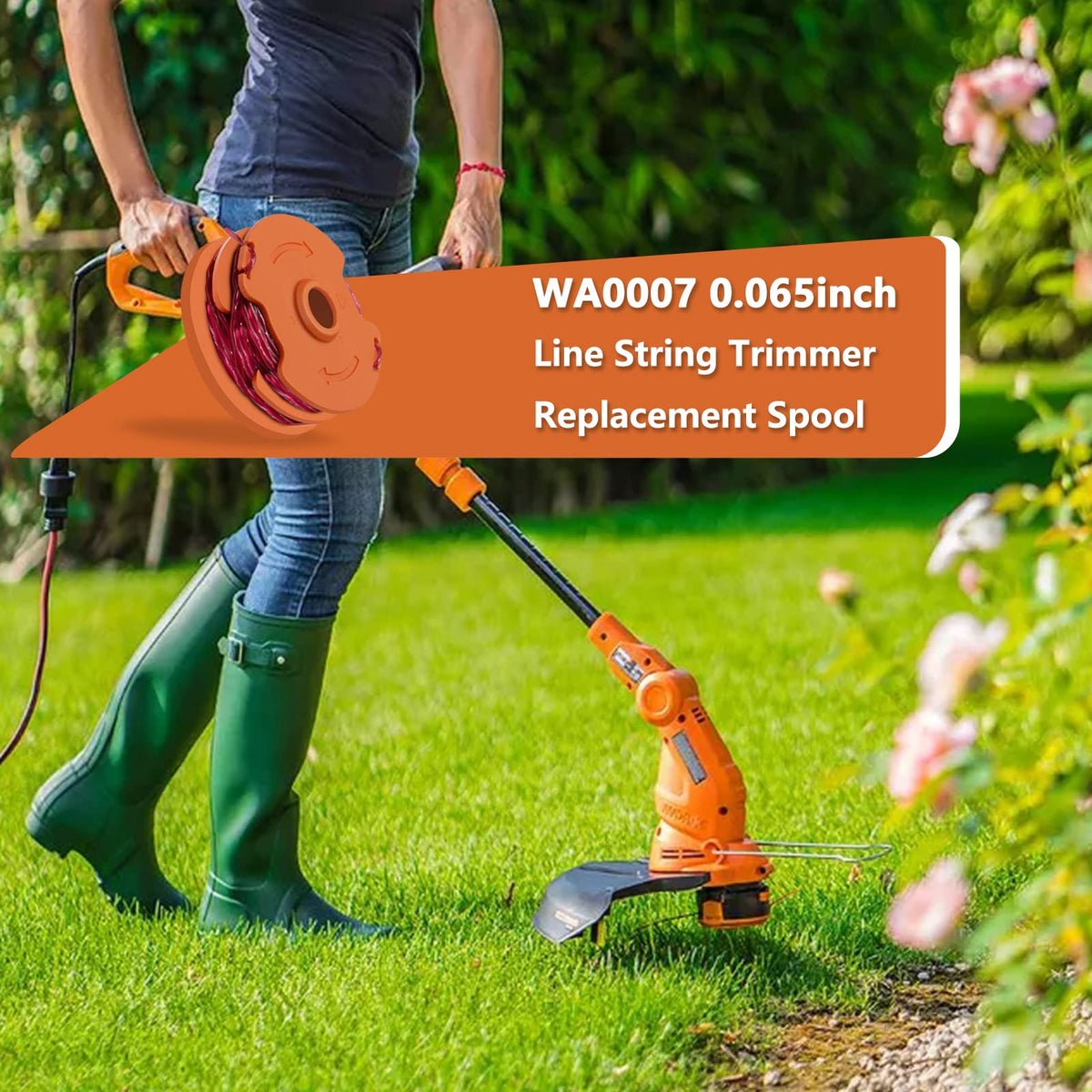 RISELION automatic-feed spool, compatibility label, demonstrates quick line changes for Worx trimmers.