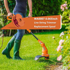 RISELION automatic-feed spool, compatibility label, demonstrates quick line changes for Worx trimmers.