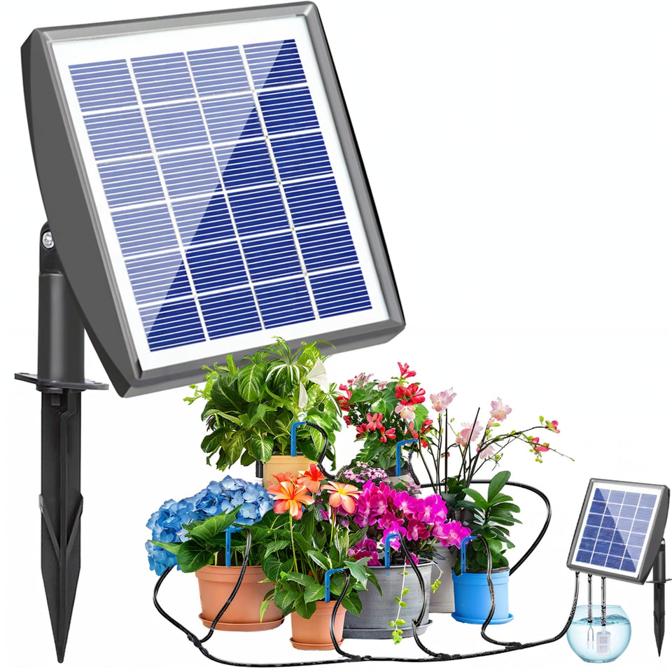 RISINGUP solar drip controller powering auto watering for 15 pots