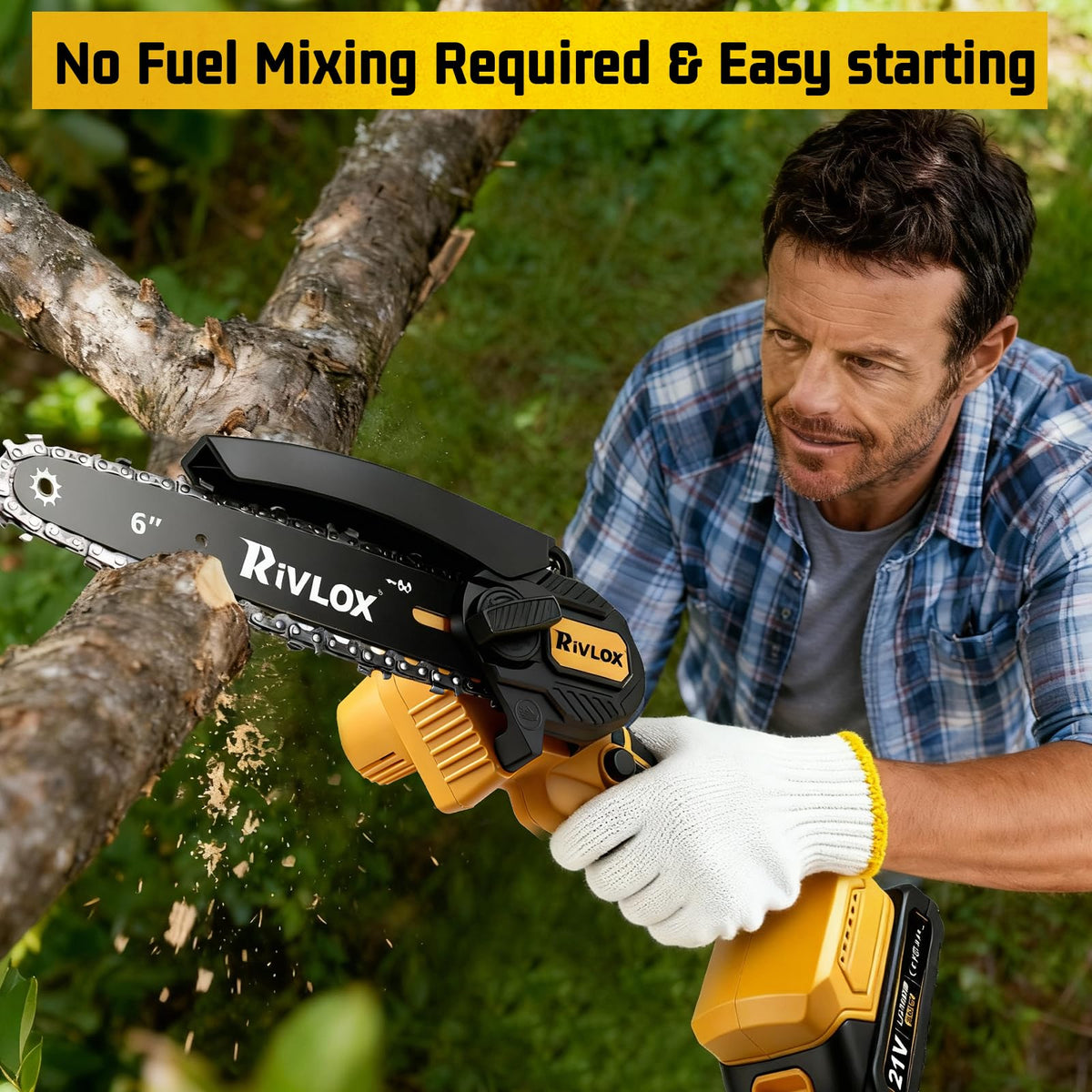 Rivlox Mini Chainsaw 6inch in use pruning branches safely.