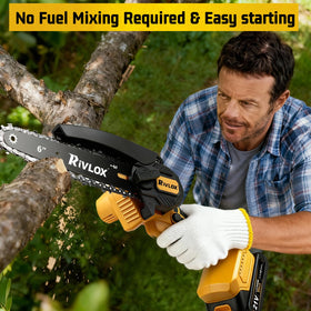 Rivlox Mini Chainsaw 6inch in use pruning branches safely.