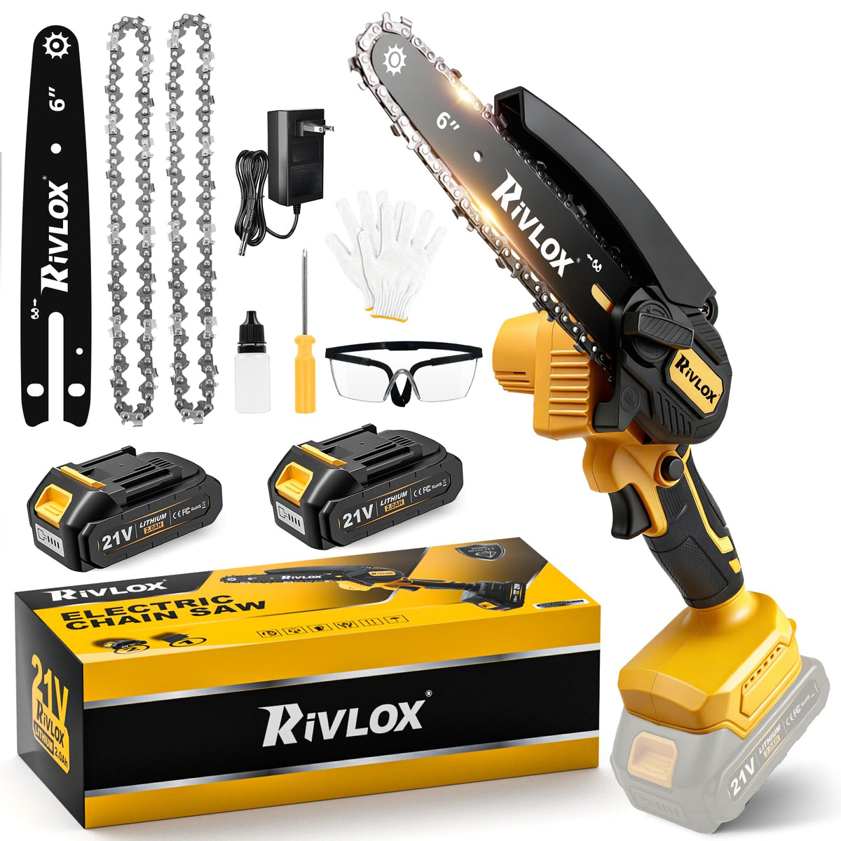 Rivlox Mini Chainsaw 6inch on workbench shows compact setup and easy storage.