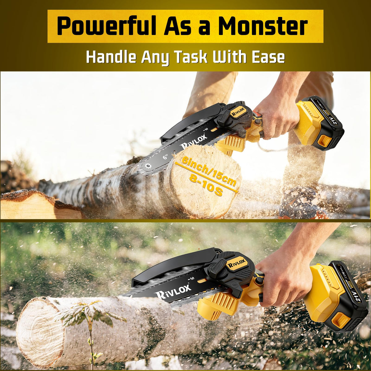Rivlox Mini Chainsaw 6inch two-batteries highlights extended runtime.