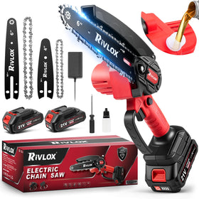 Rivlox Mini Chainsaw in red, full view, ideal for pruning and trimming