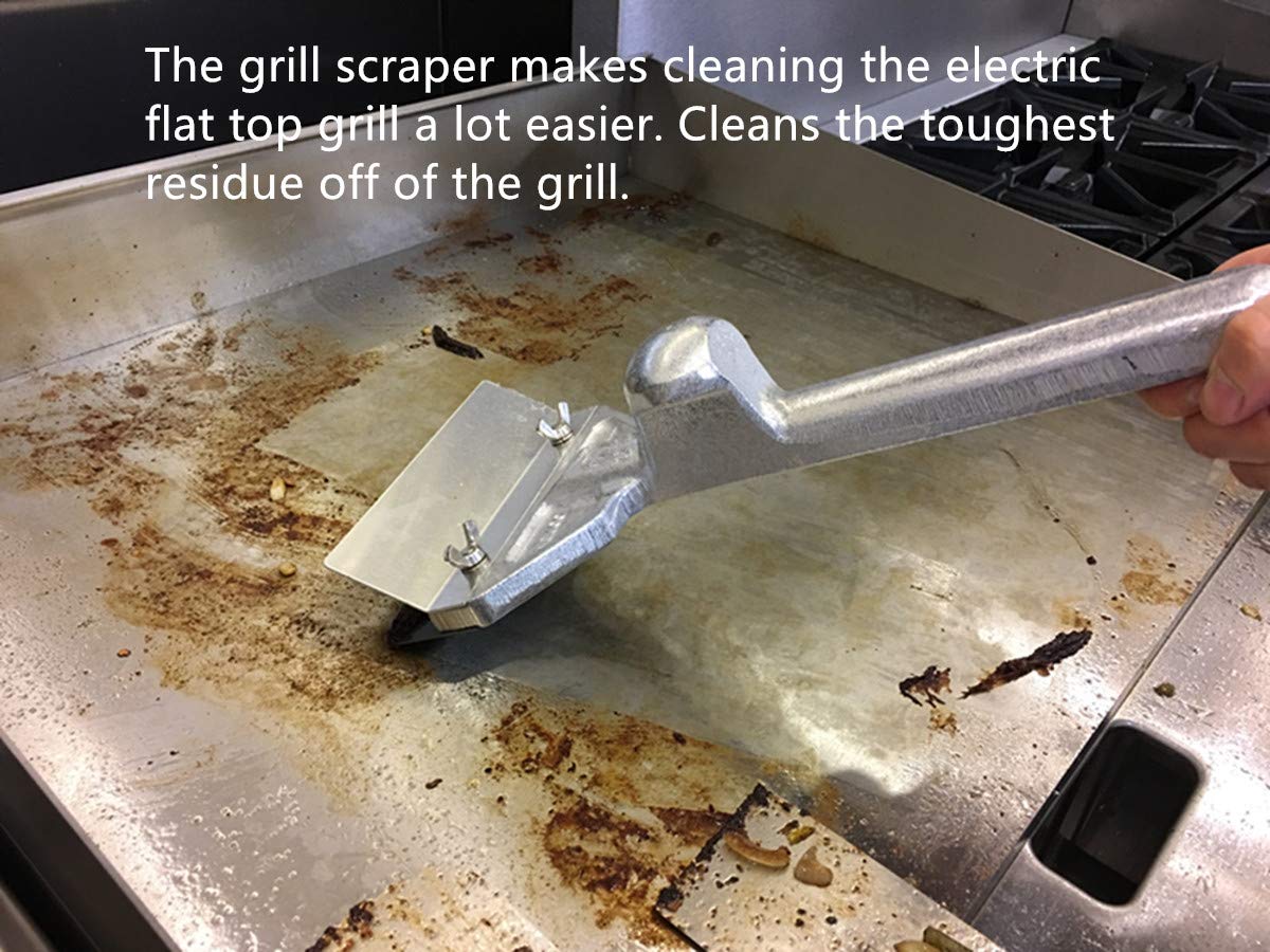 LRui wide blade removing burnt-on residue with fewer strokes on a griddle.