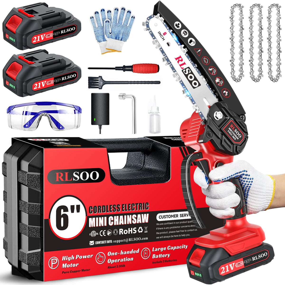 RLSOO mini chainsaw in action cutting a 6-inch log for fast yard work.