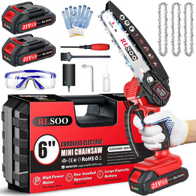 RLSOO mini chainsaw in action cutting a 6-inch log for fast yard work.