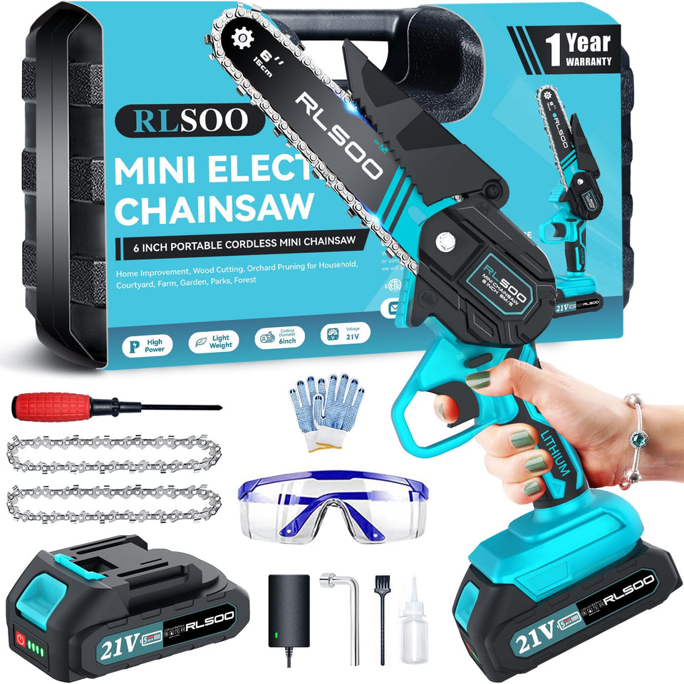 RLSOO mini chainsaw 6in motor provides powerful cutting for quick garden pruning.