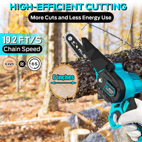 RLSOO mini chainsaw battery charging setup shows cordless power anytime.