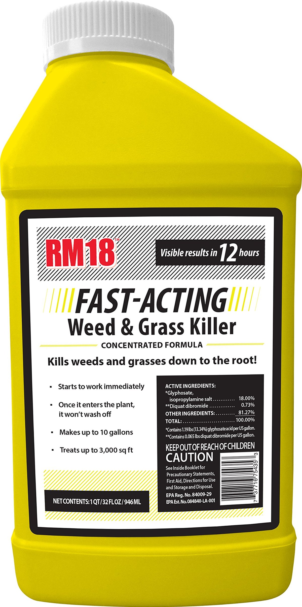 RM18 fast-acting weed killer bottle with spray trigger for quick spot treatment.