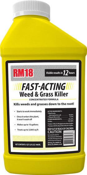 RM18 fast-acting weed killer bottle with spray trigger for quick spot treatment.