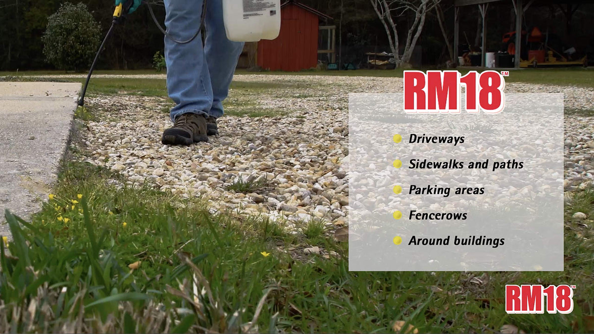 RM18 product label closeup highlighting dosage and surface use.