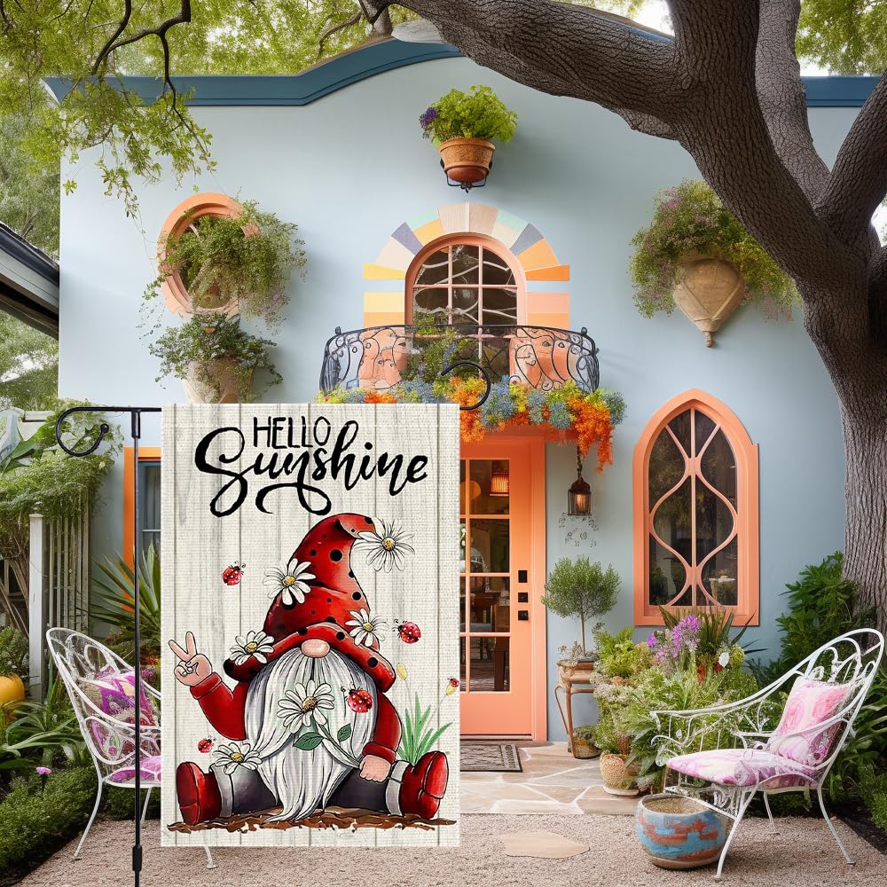 RMXJKIIU Garden Gnome Flag with red hat and daisies adds playful yard charm.