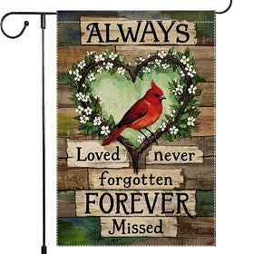 RMXJKIIU God Bless American Cardinal flag; 18x12 inch garden flag adds seasonal remembrance to outdoor décor.