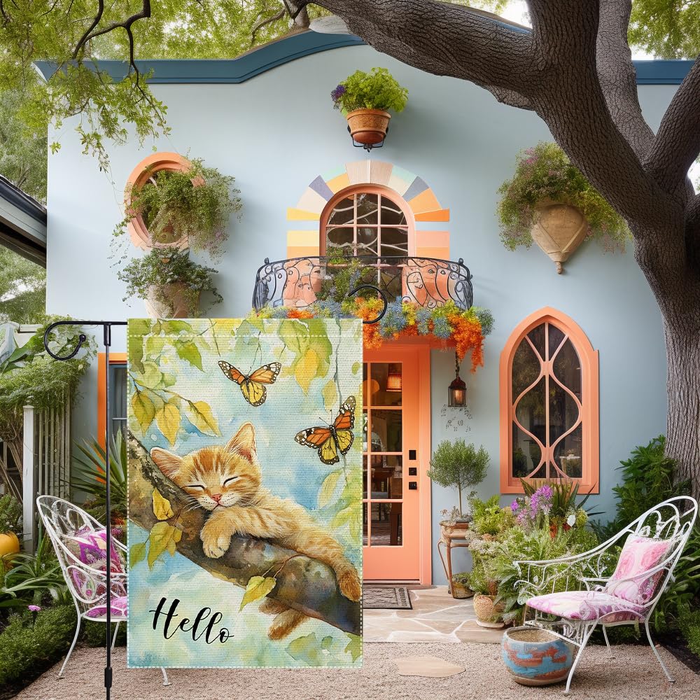 RMXJKIIU Hello Spring Garden Flag happy butterfly close-up adds seasonal charm.