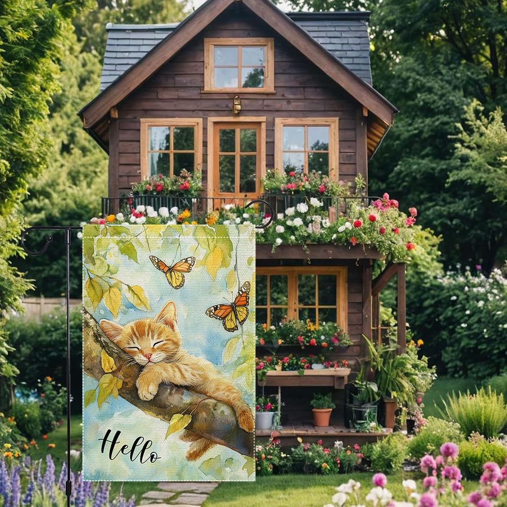 RMXJKIIU Hello Spring Garden Flag orange kitten focal point brightens porches.