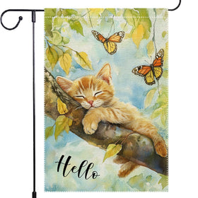 RMXJKIIU Hello Spring Garden Flag resting cat on burlap enhances curb appeal.