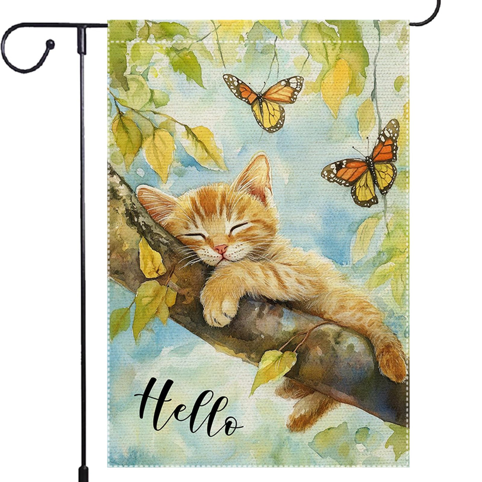 RMXJKIIU Hello Spring Garden Flag resting cat on burlap enhances curb appeal.