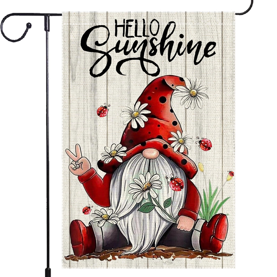 RMXJKIIU Welcome Sunshine Flag greets guests with cheerful summer energy for the garden.