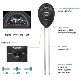 Rngeo 3-in-1 soil tester switch mode reads moisture, light, and pH in one tool.