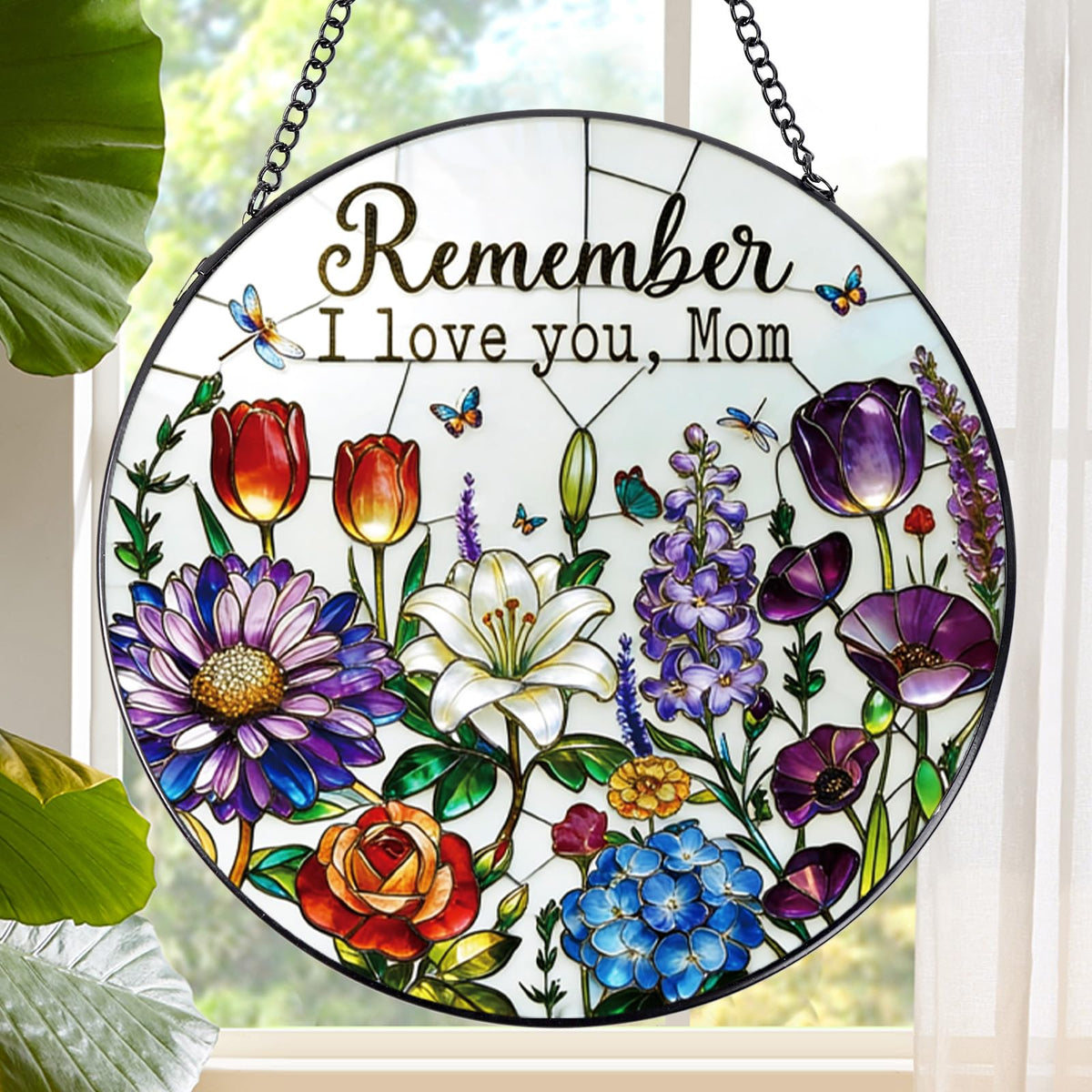 Rngmsi stained glass window hanging with flowers and butterflies casts warm color light in your window
