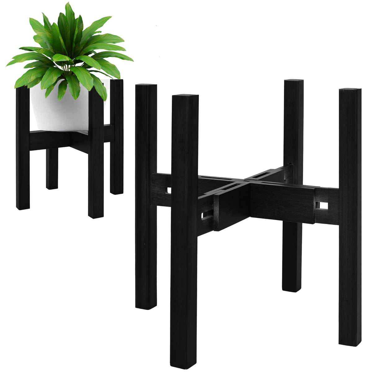 Rnined adjustable plant stand bamboo side view showing sturdy support for large pots.
