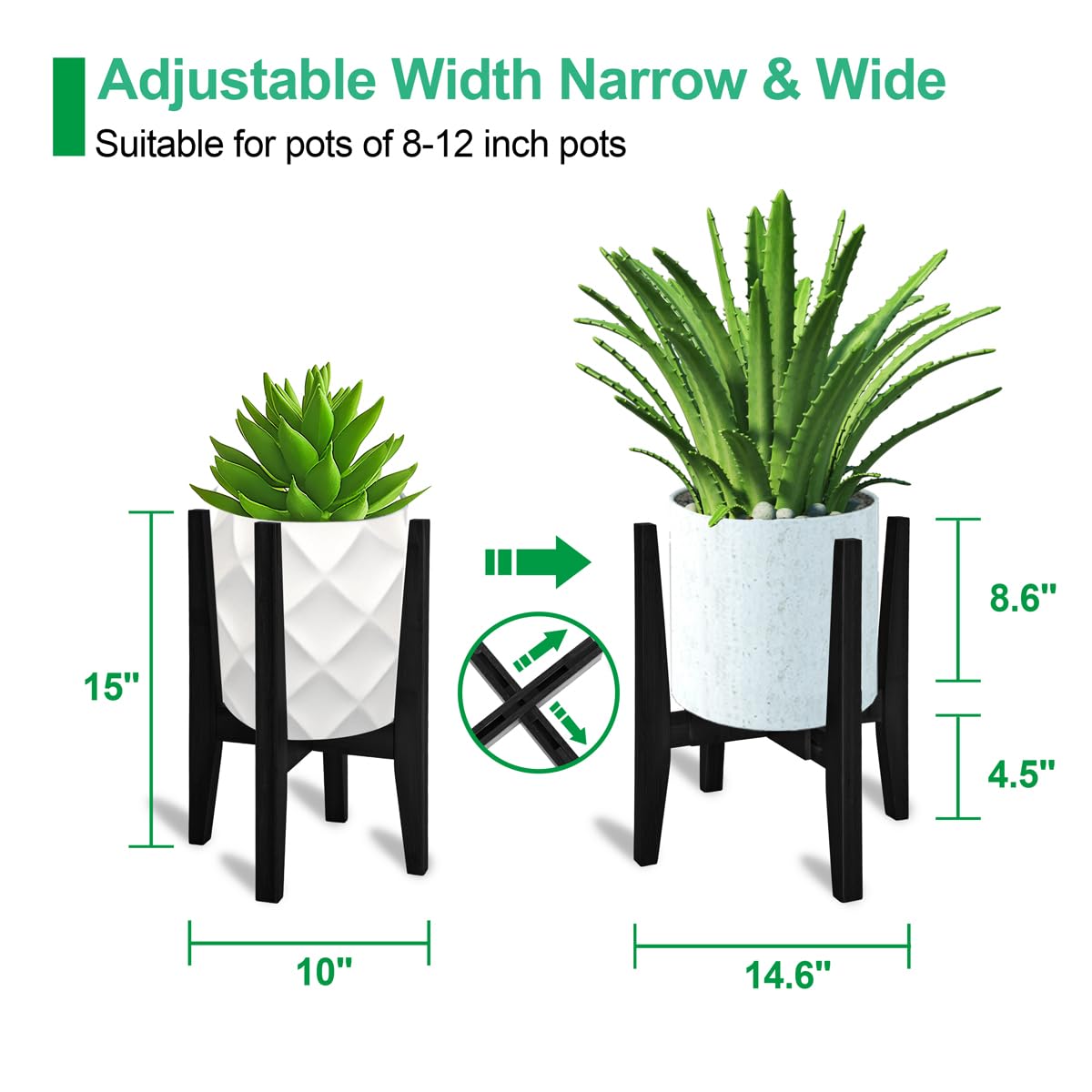 Rnined bamboo shelf adjusts for 8–12 inch pots.