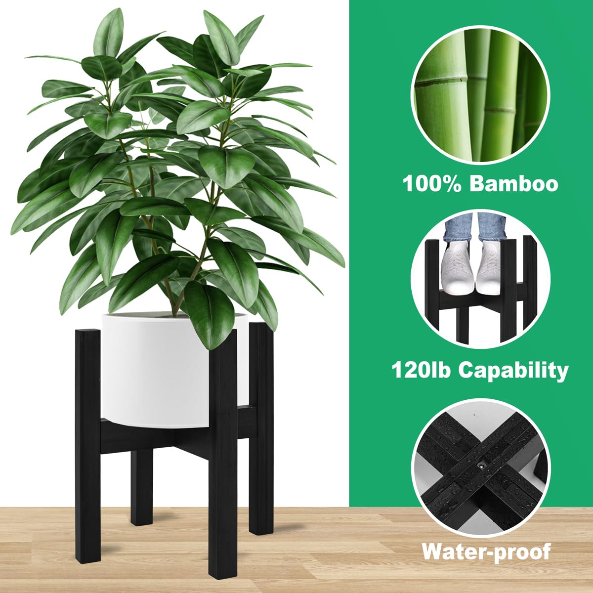 Rnined bamboo plant stand shows adjustable width for 8–12 inch pots.