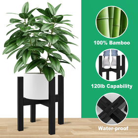 Rnined bamboo plant stand shows adjustable width for 8–12 inch pots.
