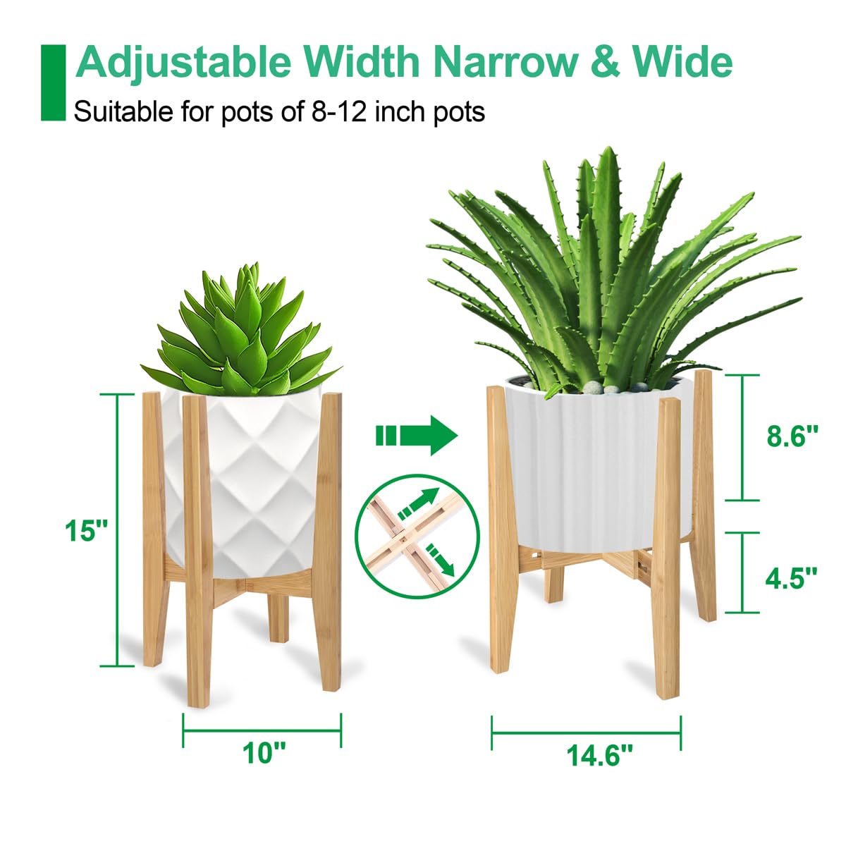 Rnined bamboo plant stand adjustable width accommodates different pot sizes for versatile display.