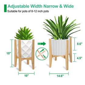 Rnined bamboo plant stand adjustable width accommodates different pot sizes for versatile display.