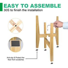 Rnined bamboo stand assembly uses two H-shaped brackets for quick setup.