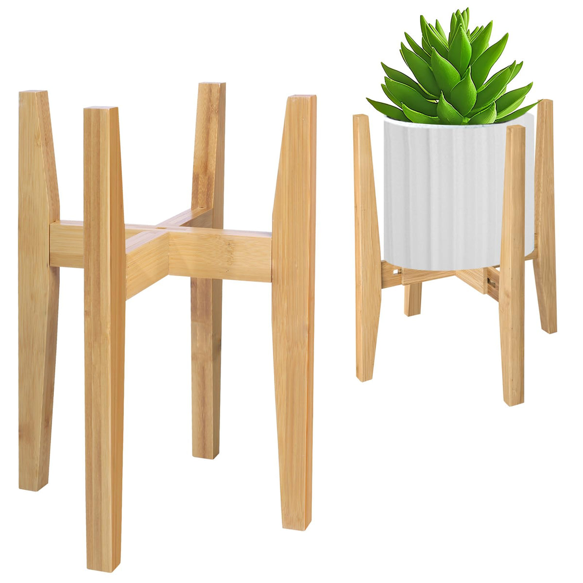 Rnined bamboo plant stand side view demonstrates adjustable width for 8–12 inch pots.