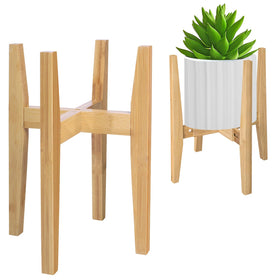 Rnined bamboo plant stand side view demonstrates adjustable width for 8–12 inch pots.