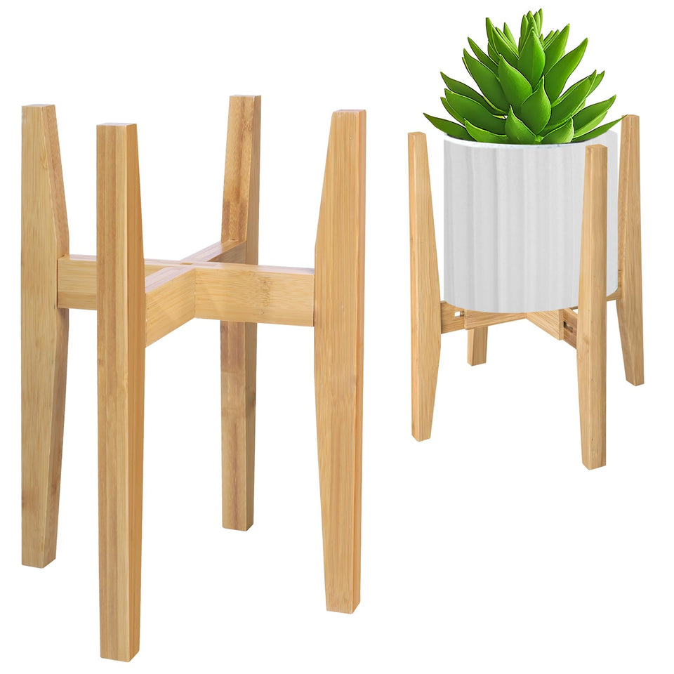 Rnined bamboo plant stand side view demonstrates adjustable width for 8–12 inch pots.