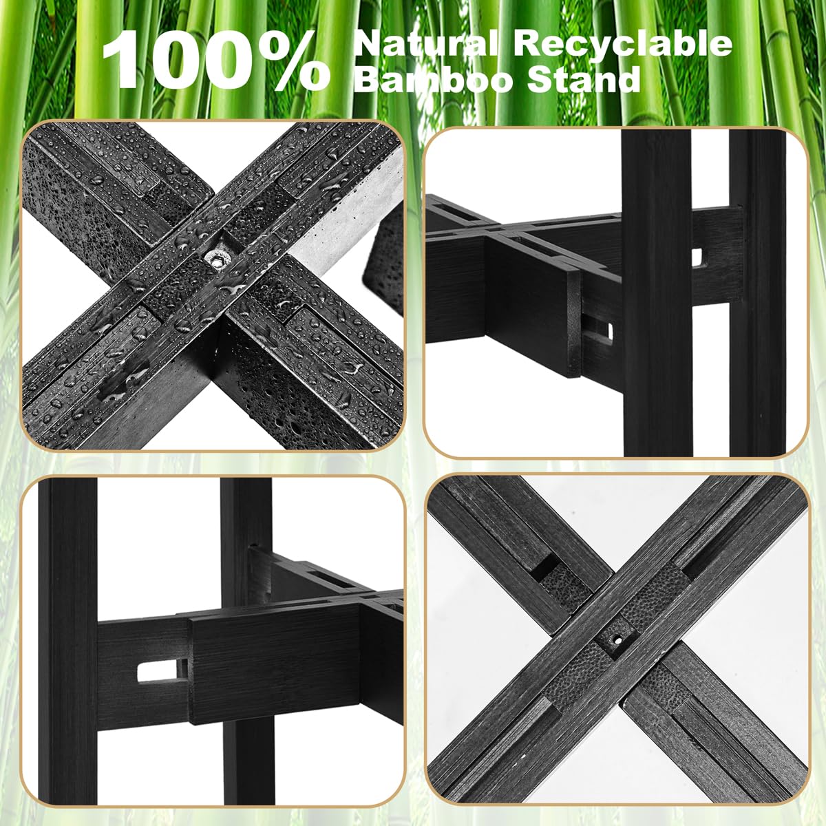 Rnined stable plant holder features bamboo legs for safe display.