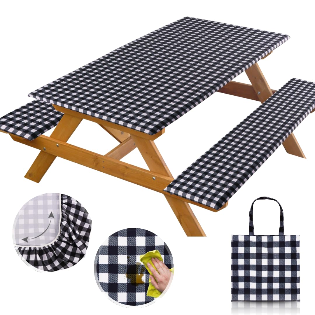 RNOONY 6ft picnic table cover on table, tidy surface and spill protection