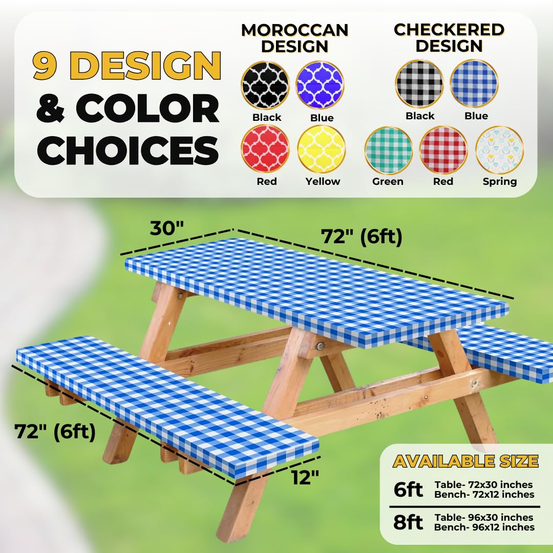 RNOONY bench covers guarding seating on a six-foot table against dirt during outdoor meals