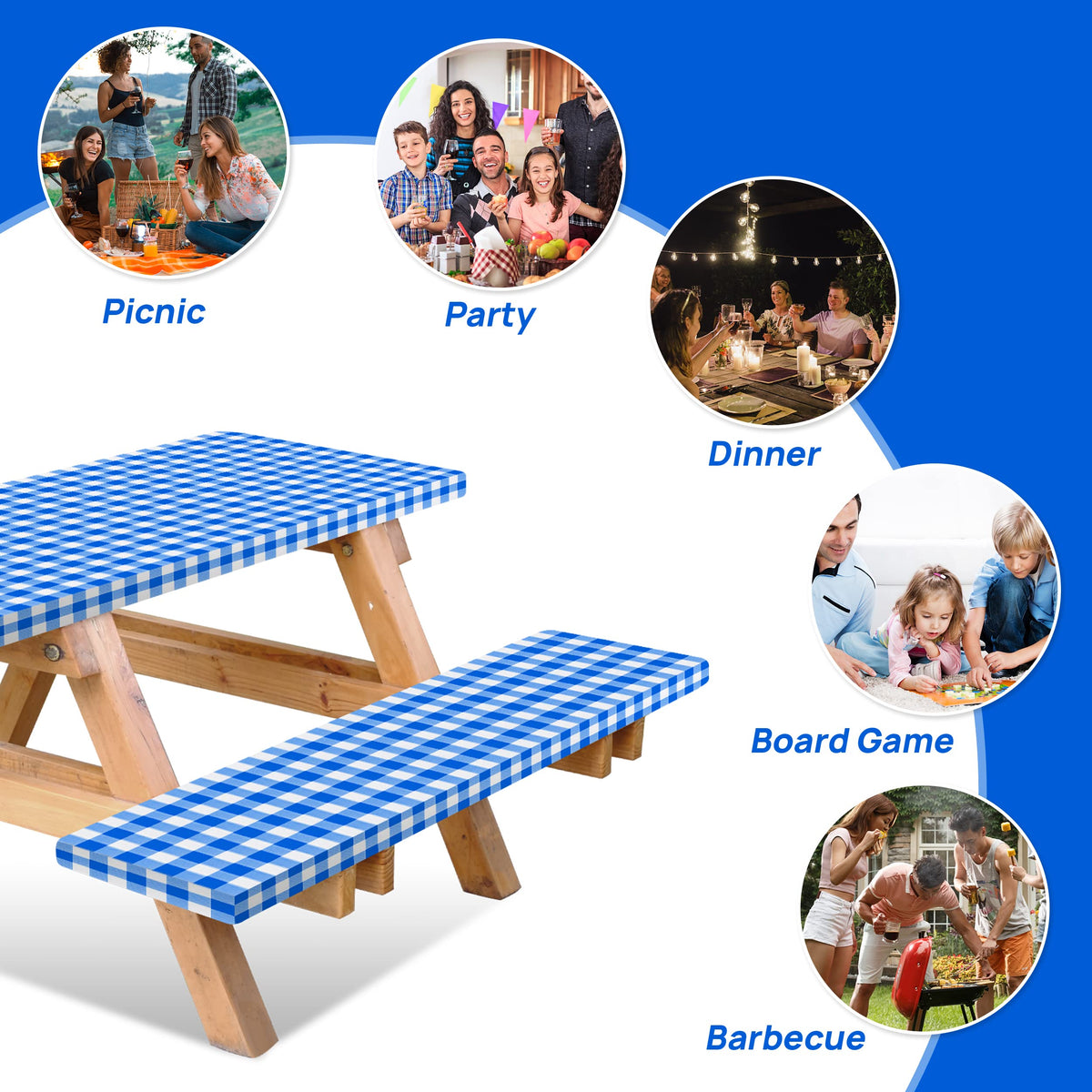 RNOONY blue check design enhances outdoor dining ambiance