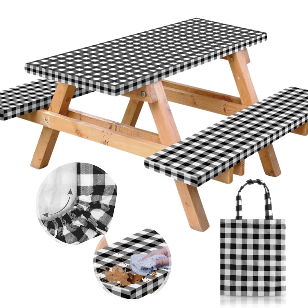 RNOONY vinyl fitted table cover protects outdoor tables and resists spills.