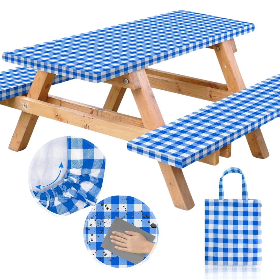 RNOONY vinyl picnic table cover in blue checkered pattern protecting a 6ft table