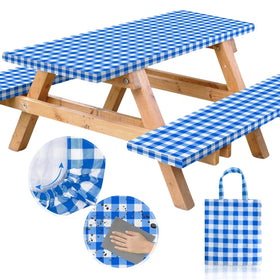 RNOONY vinyl picnic table cover in blue checkered pattern protecting a 6ft table