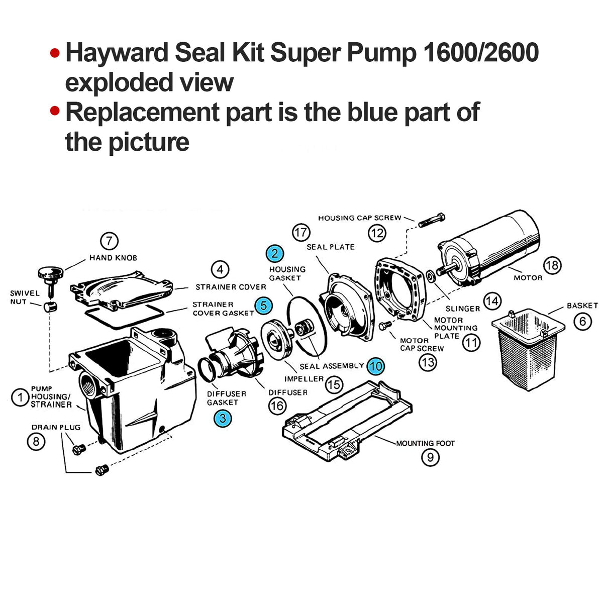 RO6G Hayward seal kit SP2600X assembly view of shaft seal and gaskets