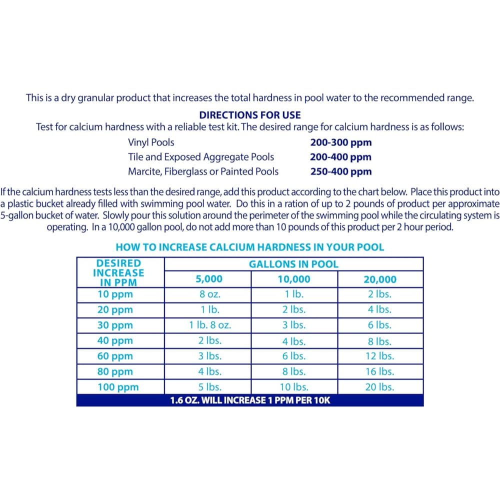 Robelle Calcium Up pool hardness chart used to guide dosing in pools.