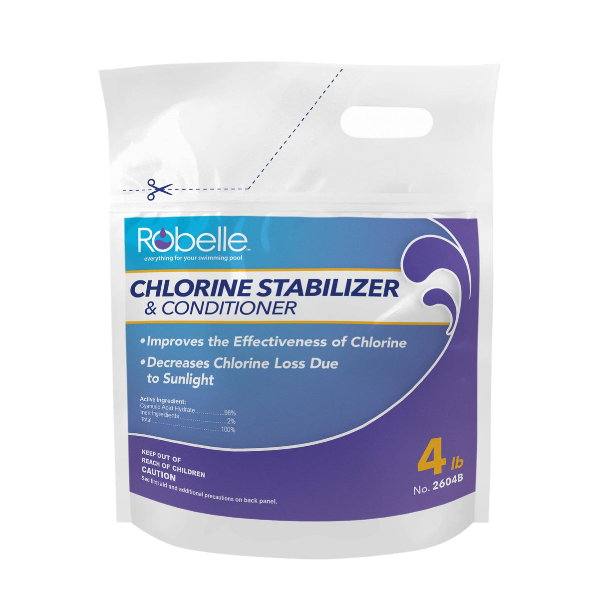 Robelle cyanuric acid stabilizer pool bag ready for dosing to protect chlorine