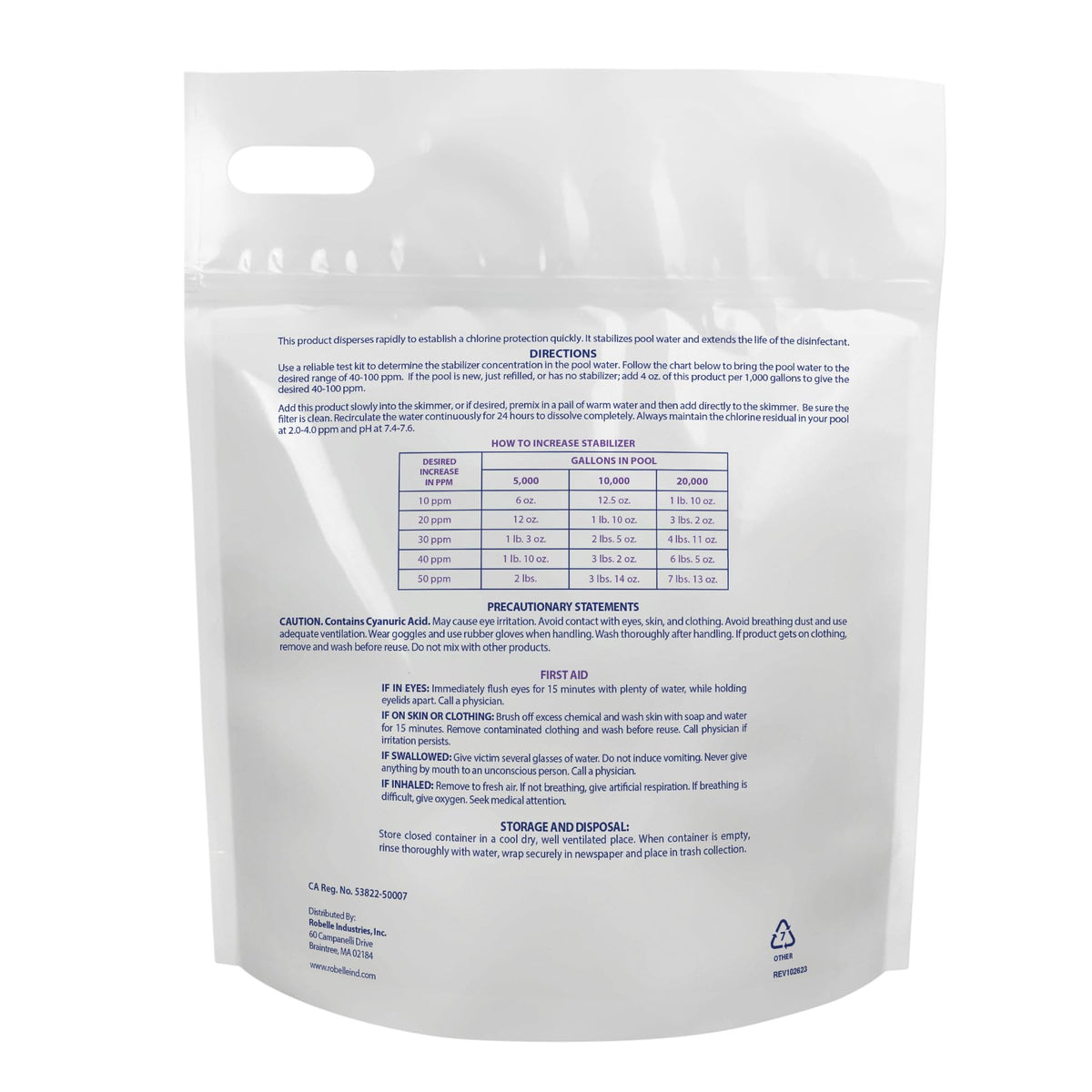 Robelle stabilizer label close-up highlights cyanuric acid details